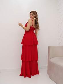 Elegant Women's Long Chiffon Dress With Padded Bra And Straps For Summer Parties 3RD SD1551 - Đỏ - Xem 3