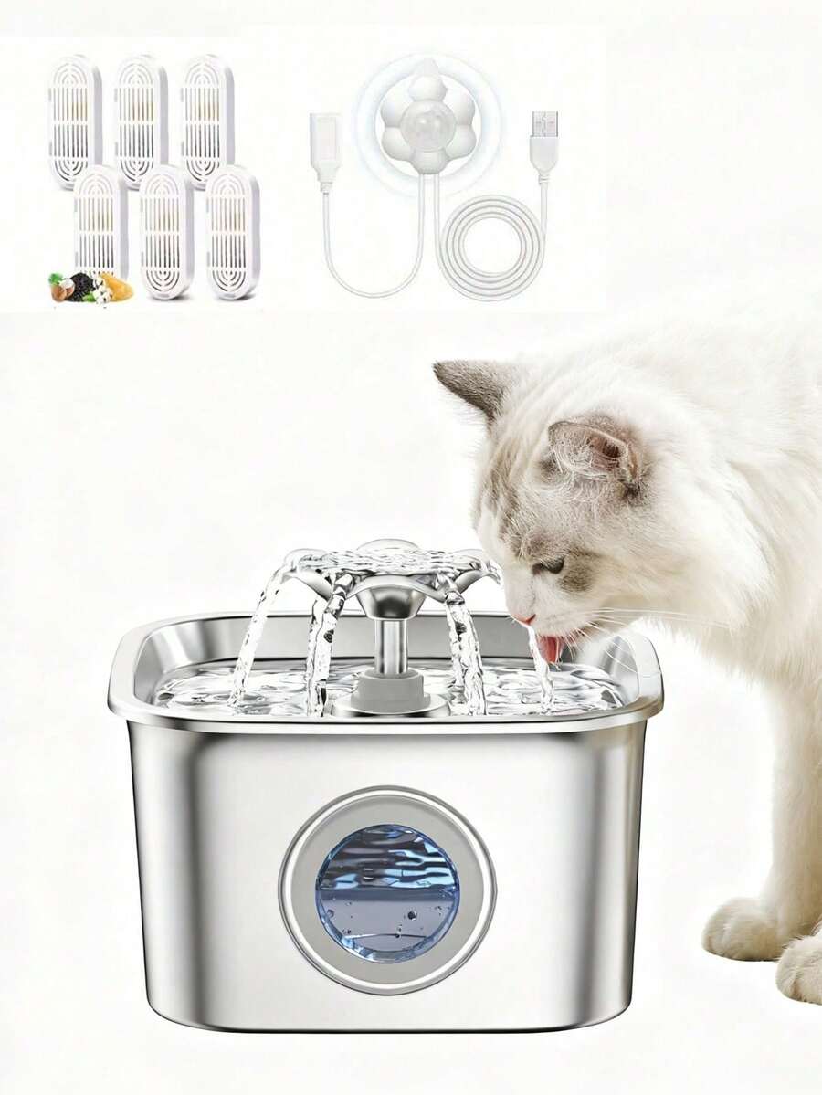 2.6L/88oz Stainless Steel Super Quiet Pet Water Dispenser With USB Power, Automatic Circulation Flow And Clear Water Level Window, Suitable For Cats And Dogs