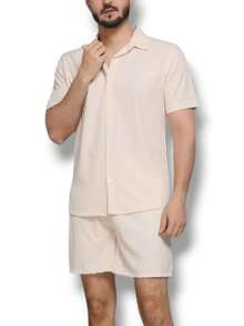 Men's Set: Button-Down Shirt And Shorts, Mauricinho Crepe Style, Sizes P, M, G, GG - 卡其色 - 查看 2