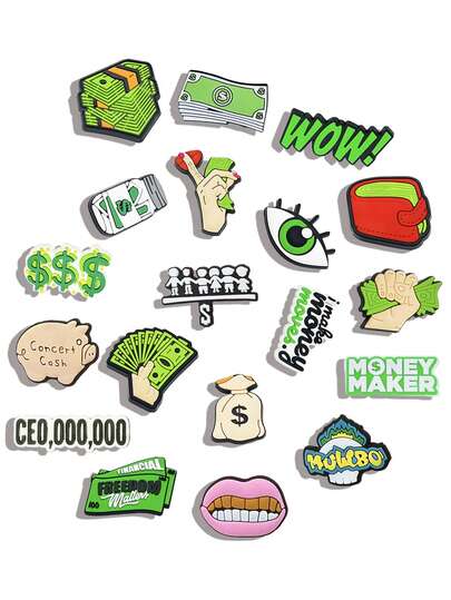 Conjunto de 19 peças de acessórios para calçados com dinheiro em espécie, representando a liberdade financeira. Feitos em PVC, esses acessórios são removíveis e perfeitos para decorar chinelos masculinos e femininos. Uma ótima opção de presente para o Natal, Dia dos Namorados e Halloween.