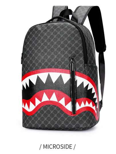 Brand Retro Shark Backpack, New Spring Style, PU Material, Men's Casual Backpack, Large Capacity, Multi-Functional Student Schoolbag