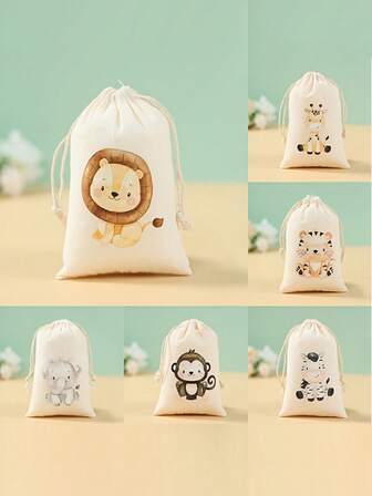 6件套丛林动物束口袋礼品袋，狮子、猴子、长颈鹿主题生日派对装饰，绿色森林派对装饰，丛林探险派对用品，婴儿生日派对装饰，婴儿洗礼派对装饰，圣诞节和万圣节