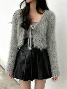 Short Solid Color Pattern Knitted Cardigan For Autumn/Winter - Grey - View 2