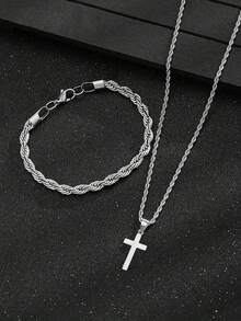 1 Set Of Fashionable Jewelry Hip-Hop Stainless Steel Cross Pendant Necklace And Bracelet, Fashionable Street Jewelry, Suitable For Birthday Gifts - Multicolor - View 3