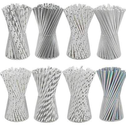 100pcs Disposable Silver Foil Paper Straws - Assorted Patterns: Stars, Stripes, Hearts, Etc. | Random Mix, Suitable For Weddings, Birthday Parties, Baby Showers Decoration