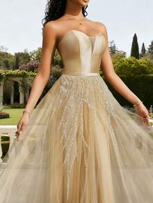 VIPGIRL 优雅浅黄色无肩带缎面雪纺晚礼服，露背系带设计，女士正式晚礼服，女士舞会礼服，短款返校礼服 - 黃色 - 查看 4