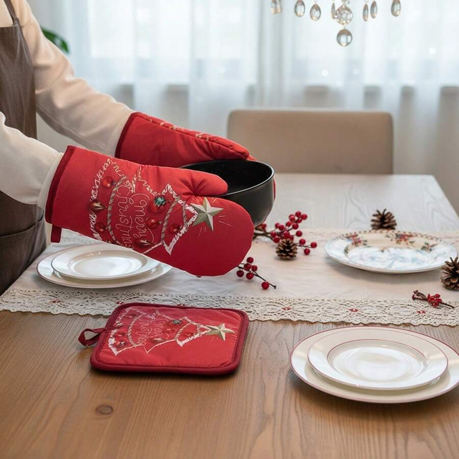 Manoplas y agarraderas navideñas con bonito estampado, antideslizantes y resistentes al calor, para cocina - Rojo coral - Ver 1