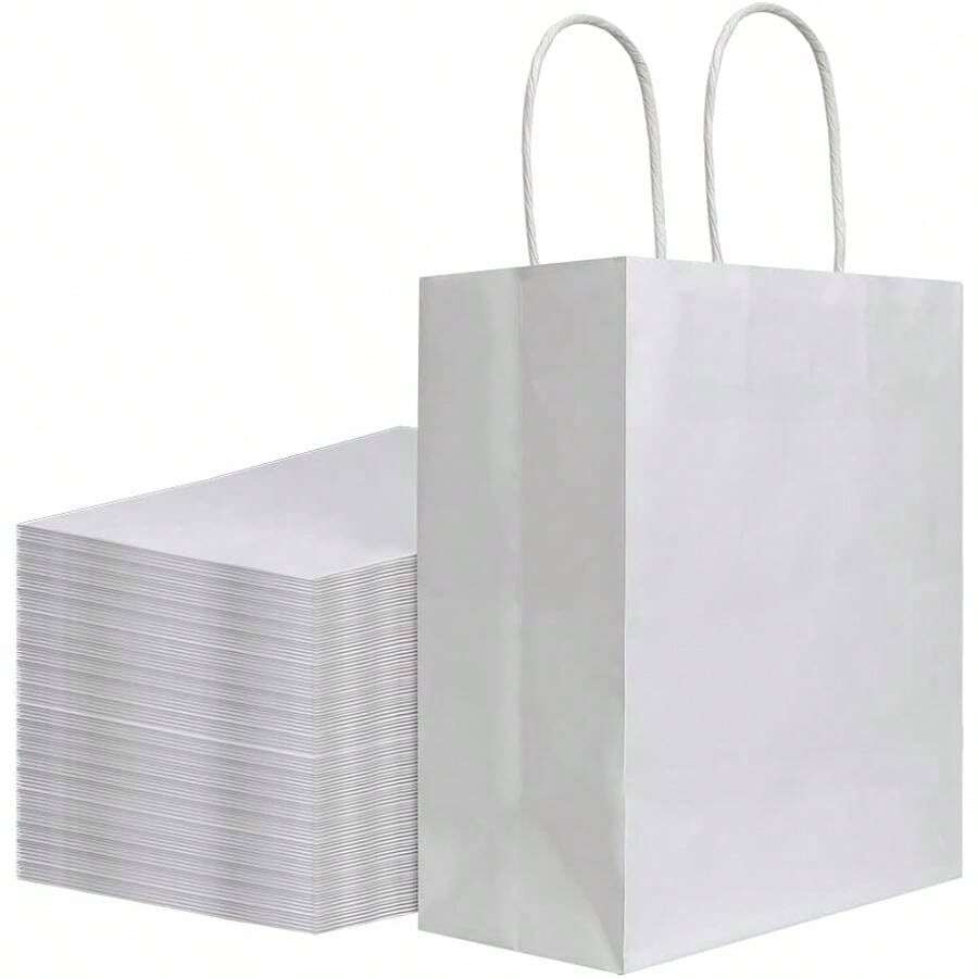 100Pcs Pack 8x4.75x10 Inch Medium White Kraft Paper Bags With Handles Bulk, Bags, Grocery Shopping Retail Birthday Party Favors Wedding Sacks Restaurant Takeout, Business - 100 - 查看 1