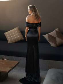 Basrey Solid Satin Off-Shoulder High-Waist Evening Dress, Fishtail Hem, Suitable For Formal Dinners, Galas And Parties. Party Wedding - Black - View 7