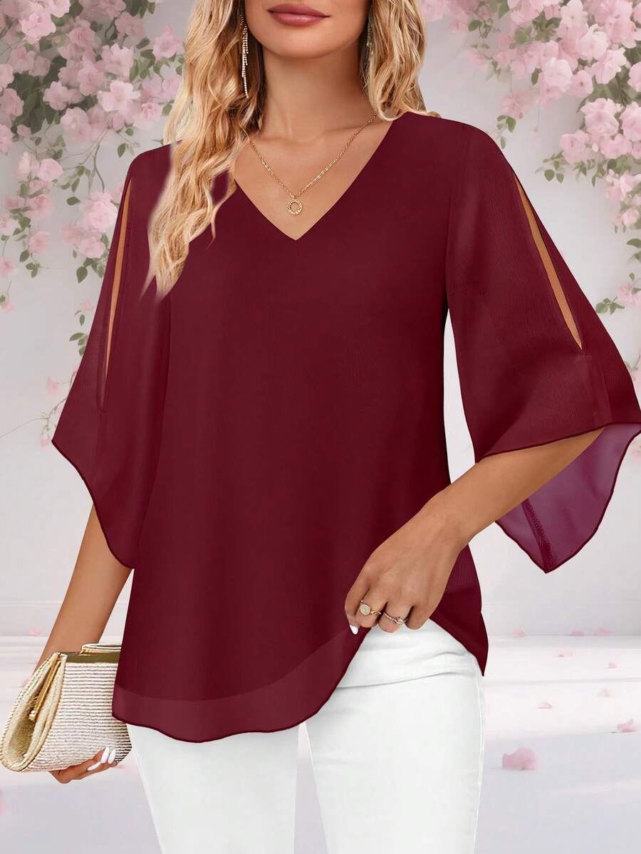 CheersLife Blusa holgada con volantes, cuello en V, cinturón y doble capa de malla para mujer talla grande, primavera - Burdeos - Ver 1