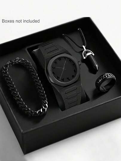Conjunto de 4 piezas de relojes de cuarzo minimalistas y casuales para hombres, con accesorios de estilo lujoso oscuro que incluyen reloj, pulsera de cadena, collar y anillo. Ideal como regalo para hombres o accesorio de moda, adecuado para ir al trabajo y crear un look elegante. También una opción perfecta para caja de regalo de cumpleaños o graduación, que muestra una estética oscura de alta gama.