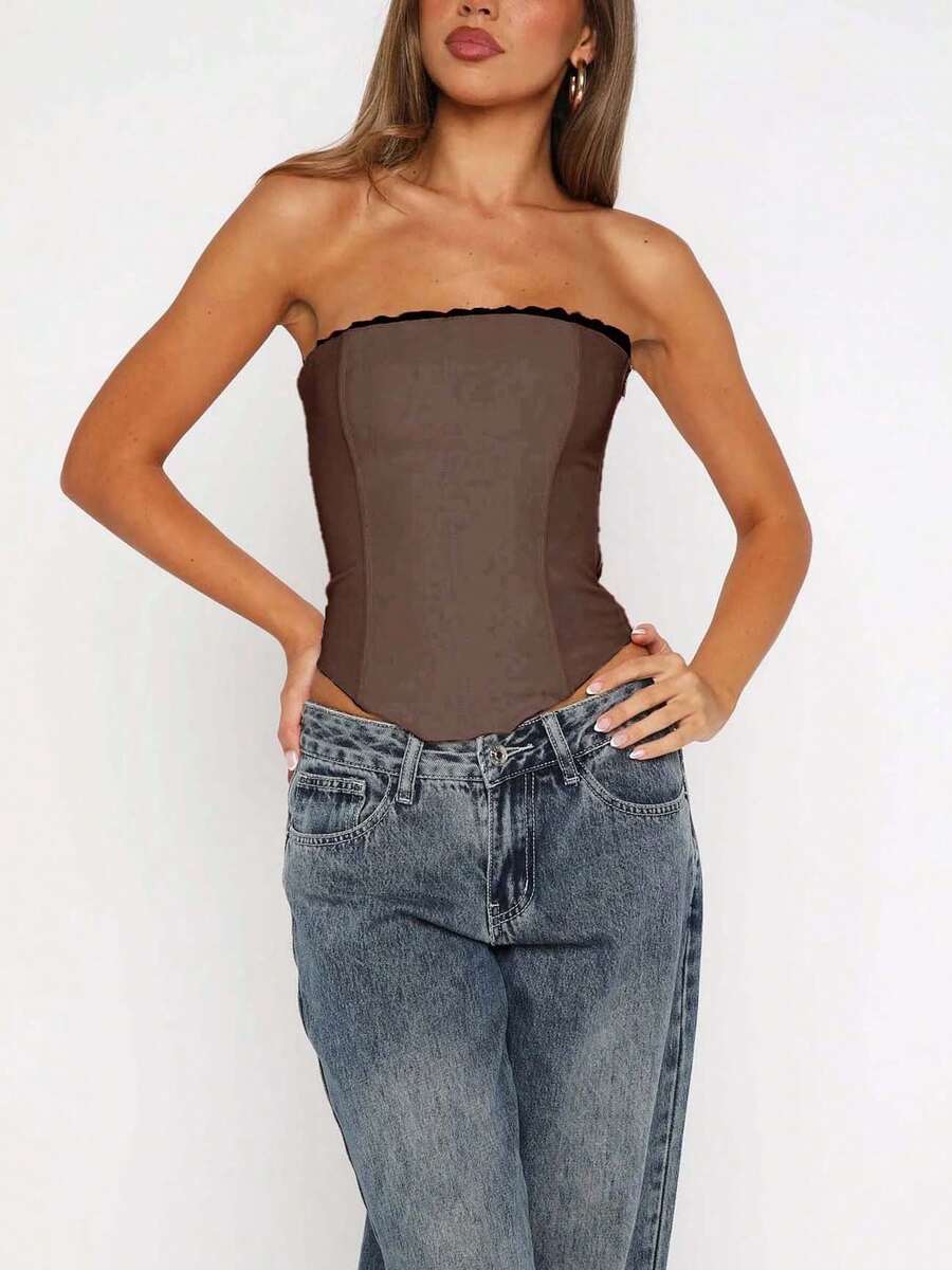 Women Bandage Back Off Shoulder Tube Tops - Brown - View 1