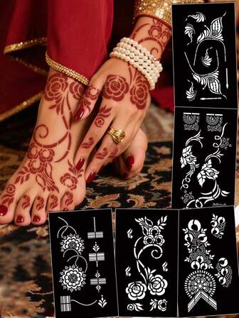 Hana手绘镂空纹身模板 极简主义 Hana新娘优雅蕾丝曼陀罗花卉图案贴纸 适用于手部、脚部、肩部、颈部、锁骨 半永久性假纹身贴纸 1包