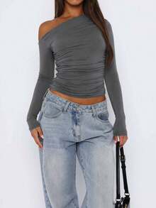 2024 New Oblique Collar Cold-Shoulder Long Sleeve Knit Sweater, Chic And Women Top - Dark Grey - View 4