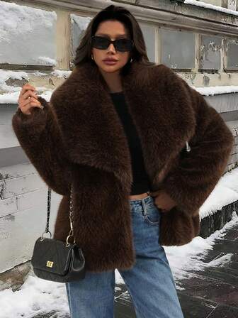 Haină de blană artificială pentru femei, guler supradimensionat la modă, versatilă, croială lejeră, slăbire, elegantă
