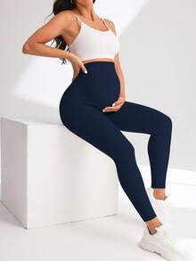 Maternity Seamless High Waist Elastic Solid Color Skinny Leggings Spring - Navy Blue - View 6