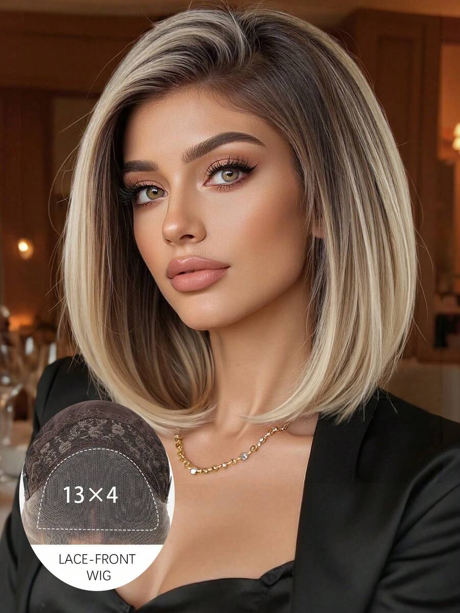13*4 High Definition Lace Front Wig, 10 Inch Ombre Short Wavy Lace Wig, 120% Density, Premium Handmade Lace Wig For Women, Heat Resistant Synthetic Lace Wig, Suitable For All Occasions And Daily Wear, Easy To Wear, Perfect Gift For Girls During Holidays