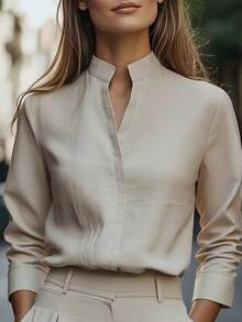 简约通勤米色衬衫，立领设计，长袖修身优雅上衣 - 米色 - 查看 2