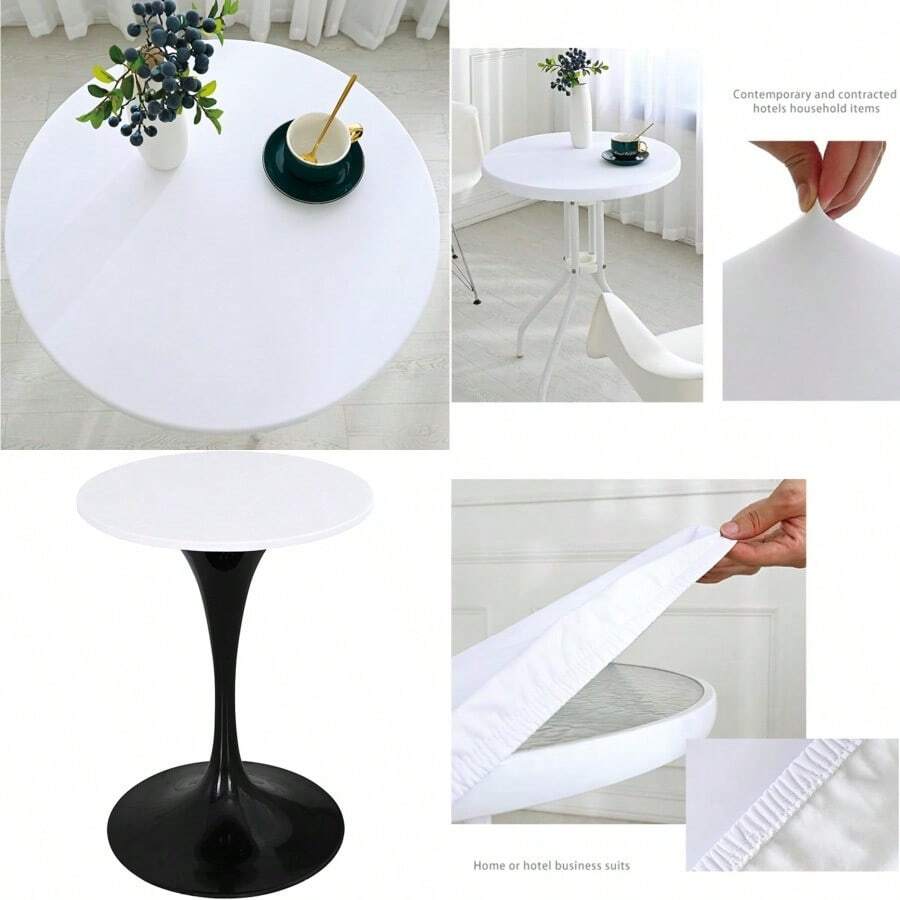 Round Fitted PU Tablecloth with High Elastic Edge Waterproof Oil Proof Cocktail Table Cloth Wipeable Table Topper Cover for Indoor Outdoor Picnic Camping Dining White 160cm(63in )Outdoor Dining Tables - Blanco - Ver 1