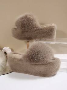 卡其色仿毛皮家居拖鞋，厚底毛绒拖鞋，优雅坡跟设计，包头，适合秋冬季穿着 - 卡其色 - 查看 6