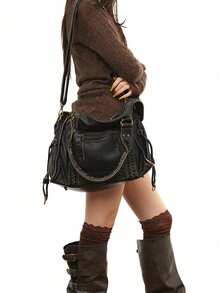 2025 Fashion Women Bag, Y2K Retro Motorcycle Bag, Soft Leather Large-Capacity Handbag, Wasteland Style Tote Bag, Ladies Shoulder/Crossbody Bag, Ultra-Soft Fabric, Bohemia Style Bag For Women, 2000s Fashion Style Bag For Women, Vintage Bag For Women, New Fashionable Big Bags For Women, New Arrival Tote Bags For Woman - 黑色 - 查看 8