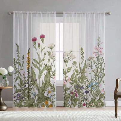 Cortinas transparentes con hojas verdes para sala de estar, 2 paneles de 160 cm de largo, elegantes, de gasa, con estampado floral primaveral, para recámara,30829280