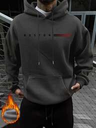 男士休闲波士顿印花宽松口袋连帽卫衣，秋冬季舒适运动服之选，长袖上衣