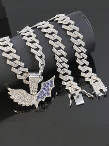Conjunto de collar con colgante de alas de murciélago con diamantes y reloj de esfera azul con diamantes completos, joyería con cadena cubana con brillo para raperos y ropa urbana - Azul - Ver 27