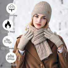 Euuztu Womens Winter Knit Warm Hat Beanie Long Scarf Screen Gloves Set Cold Weather, 3 In 1 Warm Set - 淺褐色的 - 查看 5