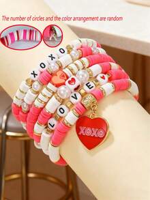 情人节串珠手链套装 - “LOVE/KISS/XOXO”心形吊坠可叠戴手链，适合浪漫送礼和日常佩戴