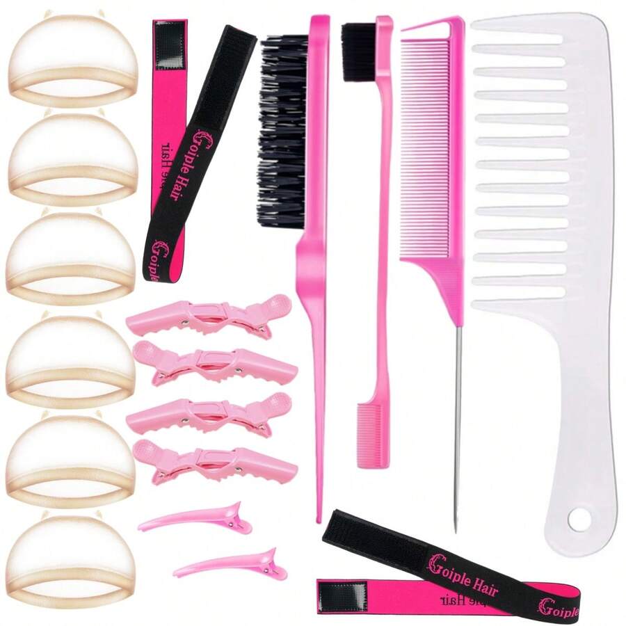 Set di strumenti per acconciature, retina per capelli frontali in pizzo, cuffia per parrucca ad alta definizione, adatto per capelli ondulati, ricci a spirale e pettine diritto, spazzola volumizzante, pettine per la linea dei capelli, pennello per sopracciglia, pettine piccolo, pettine a punta, set di fermagli a coccodrillo, fermagli diritti, pettine a denti larghi, fascia per capelli frontali in pizzo, elastico per parrucca, accessori per l'installazione della parrucca, set di strumenti per acconciature per cosplay, uso quotidiano e regali di Natale - Multicolore - Visualizzare 1