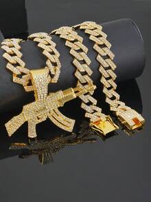 镶满钻石的链AK-47步枪吊坠项链，闪亮粗链项链，男士嘻哈街头风 - 槍吊墜項鍊 - 查看 15