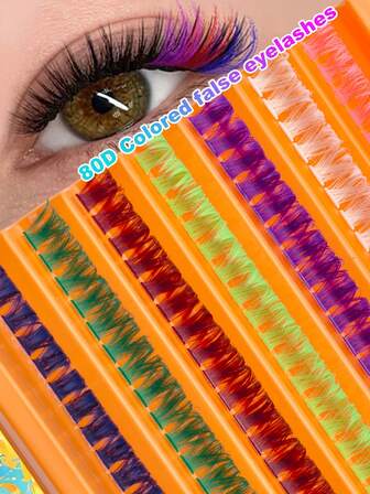 80D 126pcs Colorful Eyelashes - Fluffy, C-Curl Cartoon Lashes In 7 Vibrant Colors (Pink, White, Purple, Light Green, Dark Green, Red, Navy Blue), For Rave, Cosplay, Themed Parties And Artistic Makeup Daily Wear, Halloween, Christmas, Dates & Party