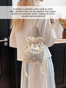 Mini Faux Pearl & Rhinestone Decor Bucket Bag Fashion Luxury Chic Mini Pearl Handle Bucket Shape Shoulder Bag Pearl Beaded Evening Handbag Custom Logo Purse - 藍色 - 查看 4