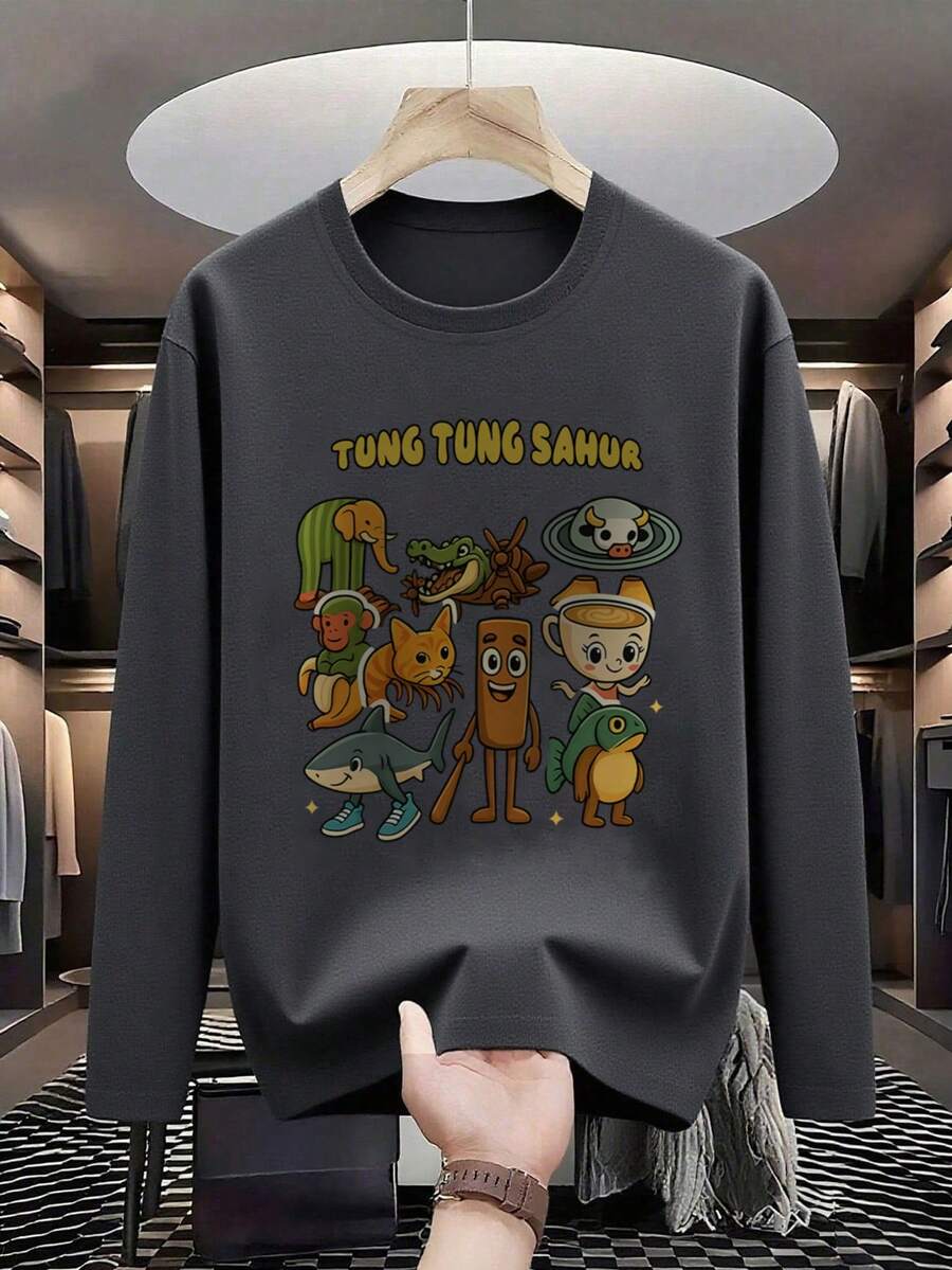 1 tricou casual pentru adolescenți și băieți, cu guler rotund și mânecă lungă, cu grafică de pisică monstru de munte și mare, croială lejeră, ținută de toamnă pentru studenți, imprimeu frontal cool - Gri inchis - Vizualizare 1