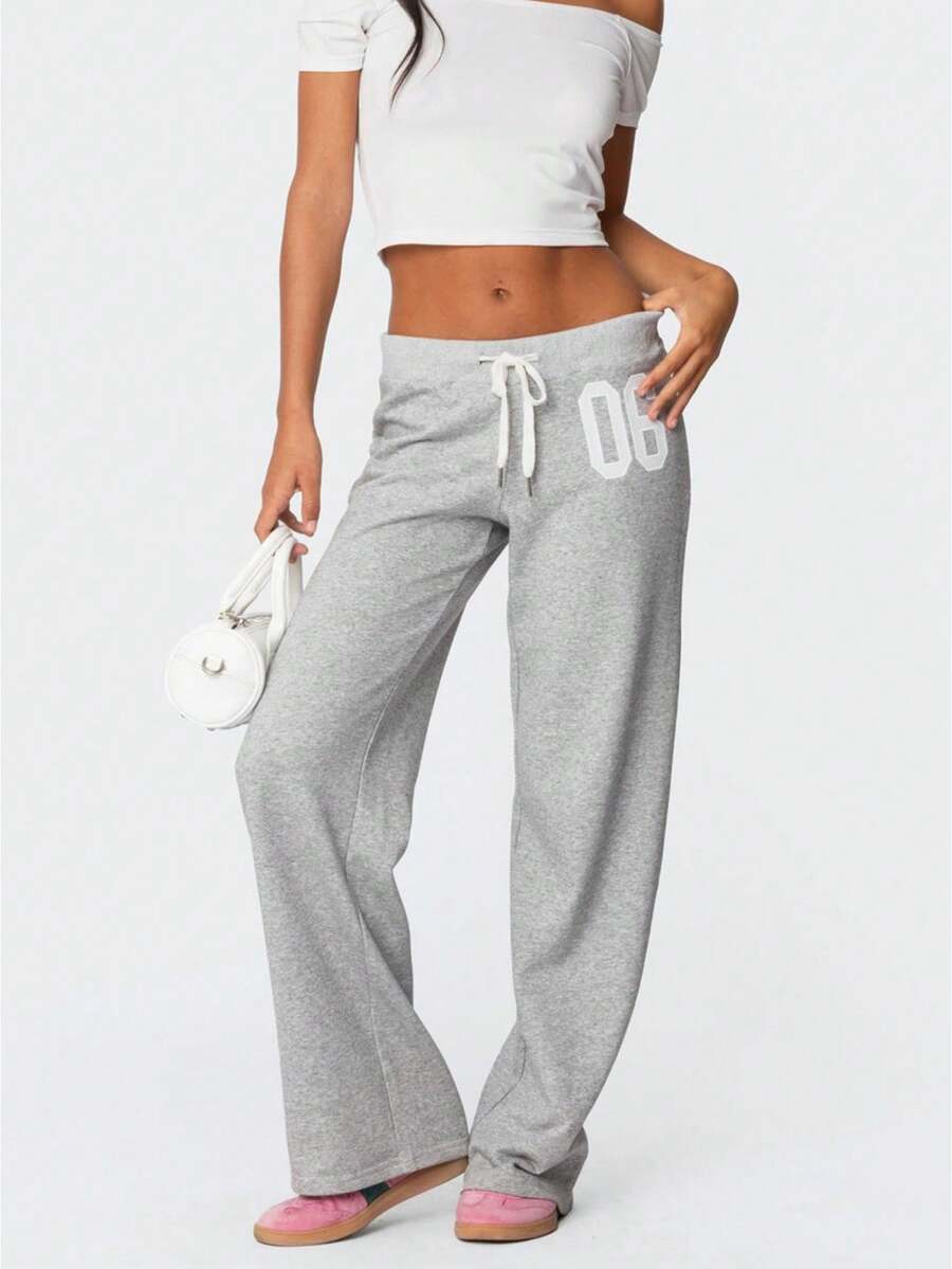 Women 2025 Y2K Jersey Wide Leg Lounge Pants High Waist Drawstring 06 Number Print Preppy Aesthetic Pajama Pants Casual Grunge Pants - Xám - Xem 1