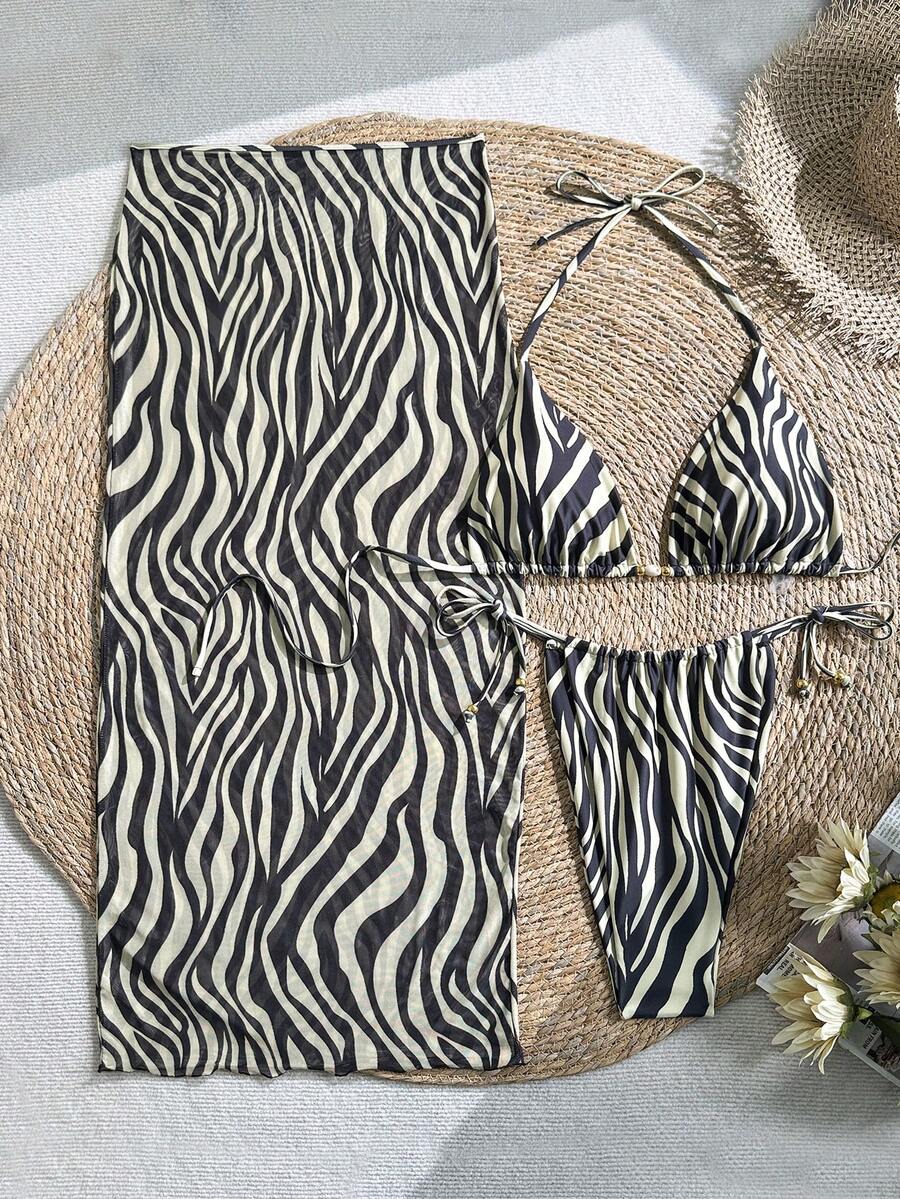 大码挂脖比基尼套装，斑马纹半身裙，优雅中等弹力泳衣，适合度假海滩夏季穿着