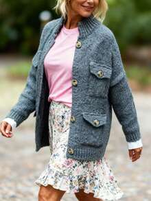 New Arrival Women Casual Solid Color Button Up Knit Cardigan, Autumn & Winter - Dusty Blue - View 2