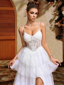 Women's Autumn White Bridal Gown, Multi-Layered Ruffle A-Line Bridesmaid Dress, Solid Color Elegant Wedding Mother's Outfit With Pearl Embroidery & Back Tie Design | Spaghetti Strap Maxi Dress, Suitable For Halloween, Homecoming, Prom, Wedding Guest Attire, Formal Occasions | Exquisite Craftsmanship, Party - White - View 4