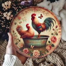 1 pezzo Cartello rotondo in metallo con gallo e gallina in stile rustico, decorazione murale classica, decorazione in ferro per bagno, casa, caffè, appartamento, ristorante, corridoio, regalo per le feste - Multicolore - Visualizzare 6