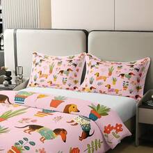 % Cotton Pink Dachshund Comforter Cover, Flower Floral Bedding Set, Kawaii Sausage Dog Duvet Cover, Lovely Puppy Quilt Cover, Soft Comfy, Dachshund Bedding - 粉色 - 查看 7