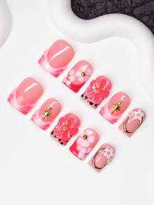 Bộ 10 móng giả vuông thủ công, phong cách Y2K cá tính, màu nude, hồng, đỏ ombre với đầu móng kiểu Pháp, họa tiết hoa, sao, da báo, trang trí móng nghệ thuật sáng bóng, phù hợp cho tiệc tùng, đám cưới, sử dụng hàng ngày, bao gồm bộ dụng cụ, món quà tuyệt vời cho phụ nữ và bé gái. - Nhiều màu - Xem 3