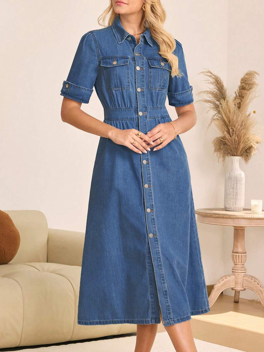 High Waist Non-Stretch Shirt Collar Denim Shirt Dress, Short Sleeve Roll-Up Cuff, Casual Daily Wear - 深色水洗藍 - 查看 1
