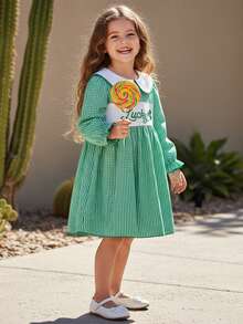 Toddler Little Girl St. Patrick's Day Dress Clover Letter Embroidered Long Sleeve Doll Collar Plaid A-Line Dress Spring Clothes - 綠色 - 查看 3