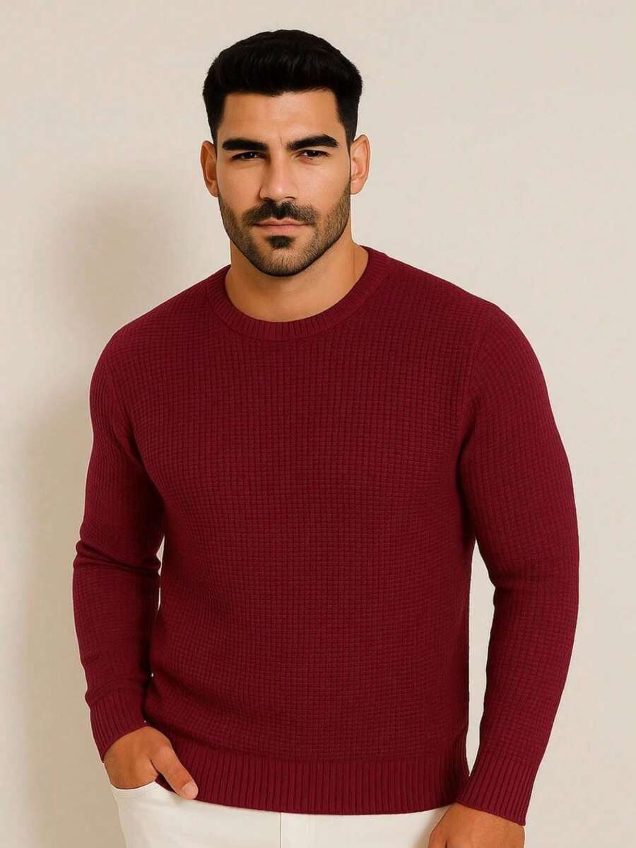 Men's Knitted Sweater, Round Neck, Long Sleeve, Casual Basic Knit - Marsala Red - View 1