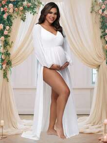 孕妇半透明雪纺灯笼袖 V 领连衣裙侧高开叉摄影礼服适合拍摄婴儿洗礼