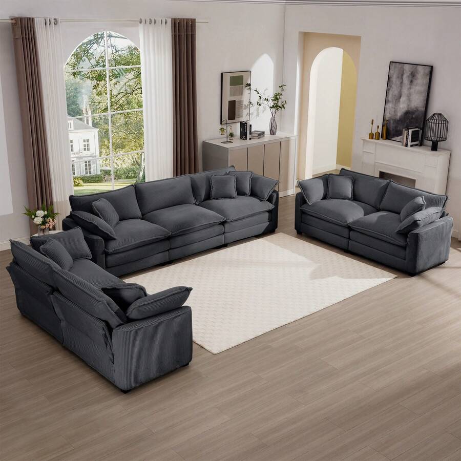 Modern Fabric Living Room Sofa 2-Piece Set, Two 2 Seater Sofa And One 3-Seater Sofa, Upholstery Large Deep Seat Set Of 3 Sofas With Comfortable Cushions And Pillows - Xám - Xem 1
