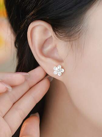 1 par de pendientes de flor con perla falsa y circonita incrustada de plata de ley 925 elegantes y dulces para mujer, regalo de joyería para uso diario