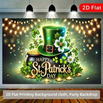2D Flat, 1 St. Patrick's Day Party Banner With Golden Pot And Lucky Four-Leaf Clovers - Self-Glowing Letters And Confetti Silhouette - Indoor/Outdoor Door Decor Backdrop, Photo Booth Background - No Electricity Needed, Easy To Install (Green And Gold) - Suitable For Irish-Themed Parties, Weddings, Birthdays, Easter, 2D Flat.