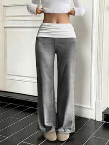 阳光少女风女士夏季条纹直筒裤，白色可折叠腰带设计，完美适合返校、日常通勤和休闲居家穿着，黑色春季款 - 黑色 - 查看 9